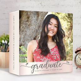 Graduation Photo Album Pink Rose Gold Script Heart 3 Ring Binder