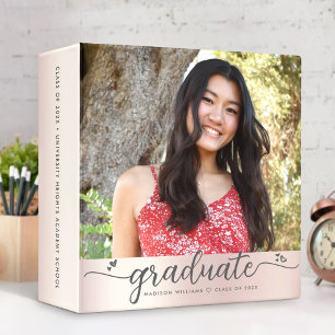 Graduation Photo Album Pink Rose Gold Script Heart 3 Ring Binder