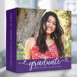 Graduation Photo Album Purple Modern Script Hearts 3 Ring Binder<br><div class="desc">Let your favorite grad be proud, rejoice and showcase their milestone with this stunning keepsake scrapbook custom photo memory album. A fun, playful visual of white script handwriting and cute, playful hearts, along with her name, class year, and photo of your choice, overlay a purple background. Personalize the custom text...</div>