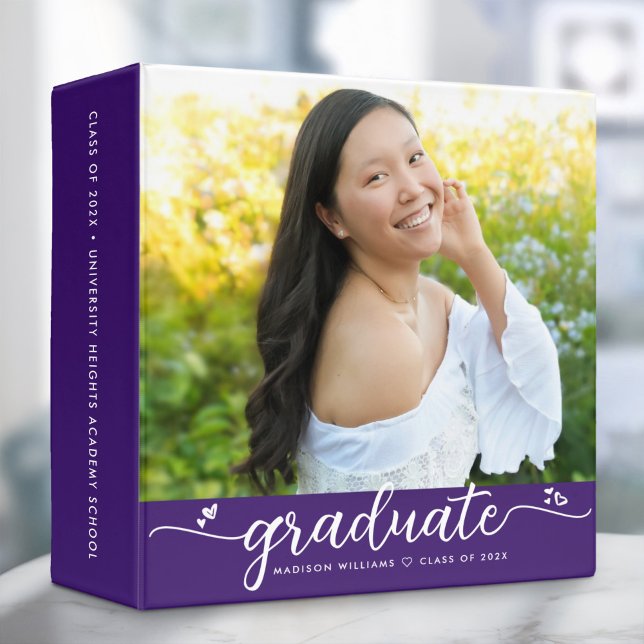 Graduation Photo Album Purple Modern Script Hearts 3 Ring Binder (Creator Uploaded)