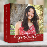 Graduation Photo Album Red Modern Script Hearts 3 Ring Binder<br><div class="desc">Let your favorite grad be proud, rejoice and showcase their milestone with this stunning keepsake scrapbook custom photo memory album. A fun, playful visual of white script handwriting and cute, playful hearts, along with her name, class year, and photo of your choice, overlay a brick red background. Personalize the custom...</div>