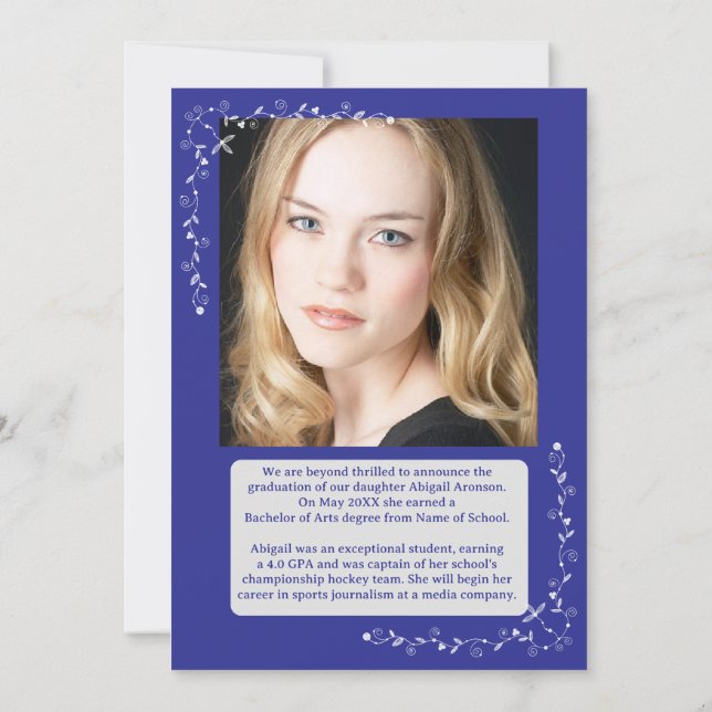 Graduation Photo Announcement Blue and White  (Back)