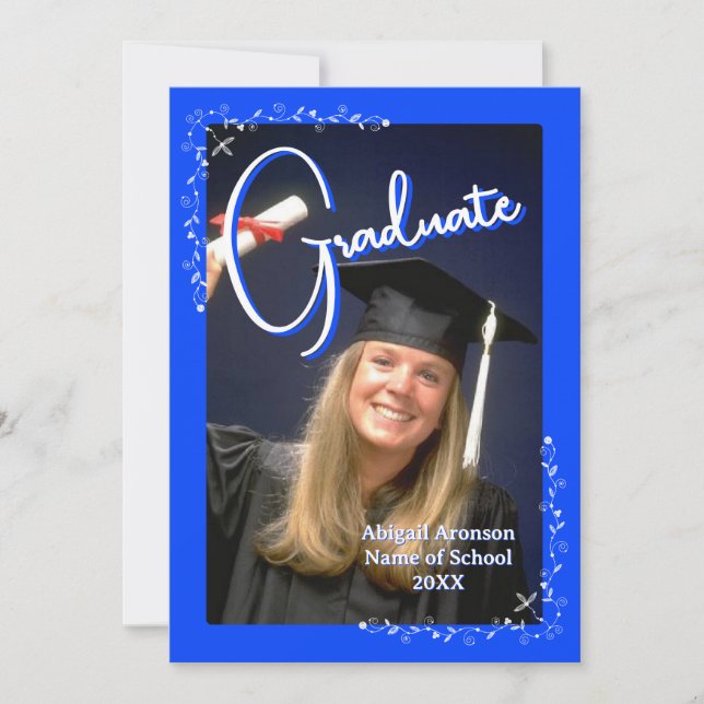 Graduation Photo Announcement Bright Blue & White  (Front)