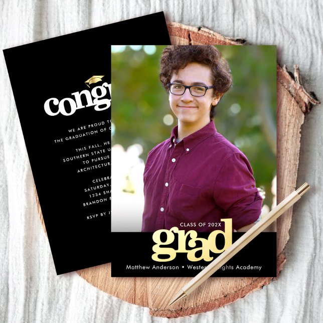 Graduation photo black bold typography real gold foil invitation (Creator Uploaded)