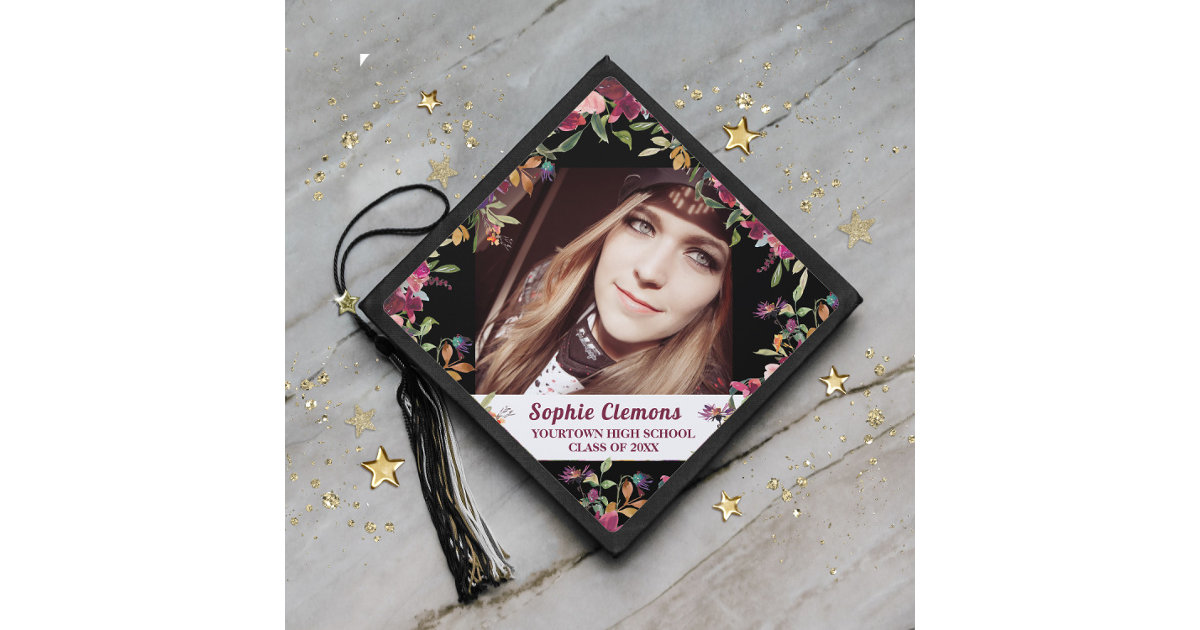 Graduation Photo Black Burgundy Watercolor Floral Graduation Cap Topper
