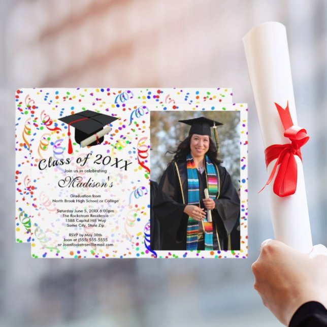 Graduation Photo Black Cap Diploma Confetti Party Invitation (Graduation Photo Black Cap Diploma Confetti Party Invitation)