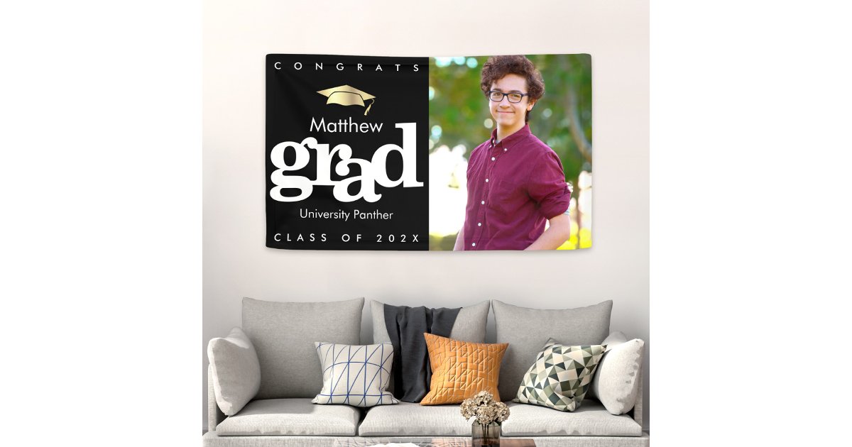 Graduation photo black gold cap bold modern simple banner | Zazzle