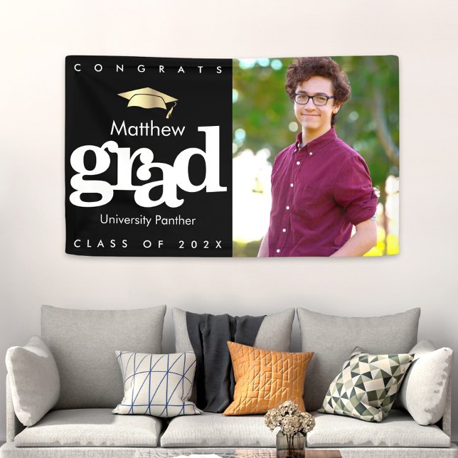Graduation photo black gold cap bold modern simple banner (Creator Uploaded)