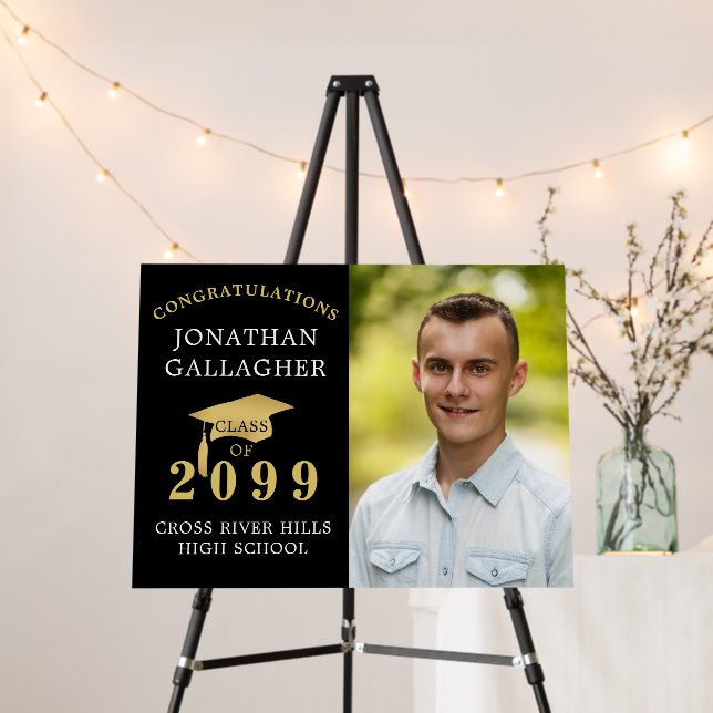 Graduation Photo Black Gold Cap Congrats Name Foam Board (In Situ (Stand))