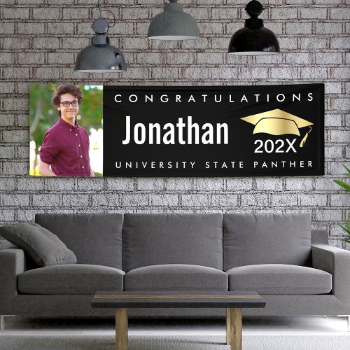 Graduation photo black gold cap modern bold simple banner