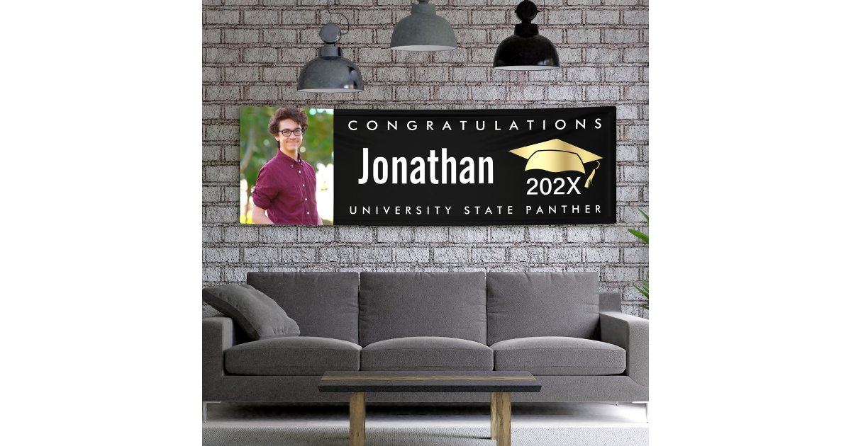 Graduation photo black gold cap modern bold simple banner | Zazzle