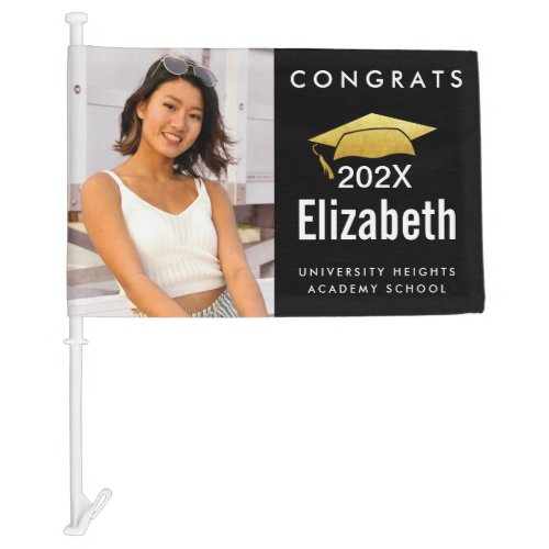 Graduation photo black gold cap modern bold type  car flag