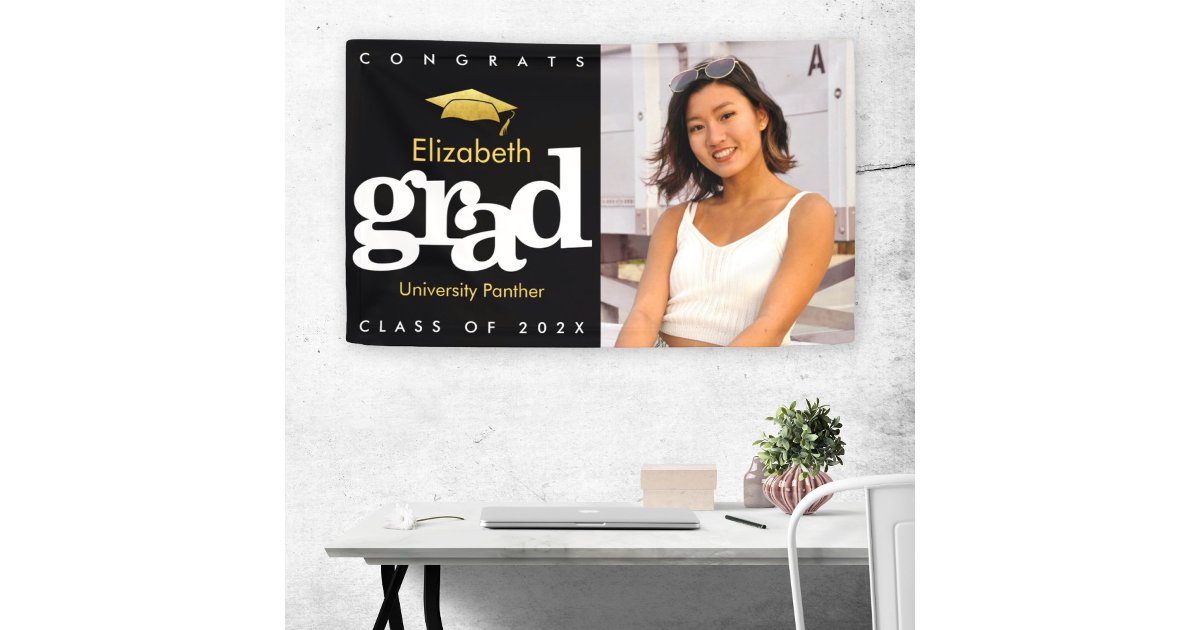 Graduation photo black gold cap simple bold modern banner | Zazzle