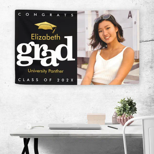 Graduation photo black gold cap simple bold modern banner | Zazzle