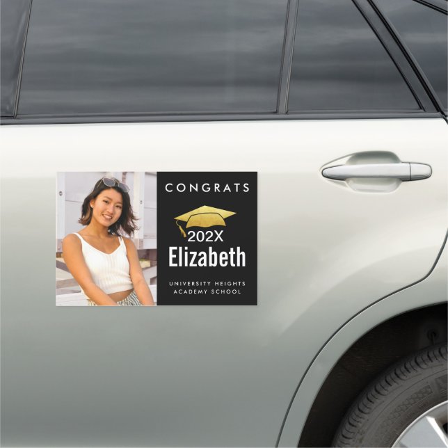 Graduation photo black gold cap simple bold modern car magnet (In Situ)