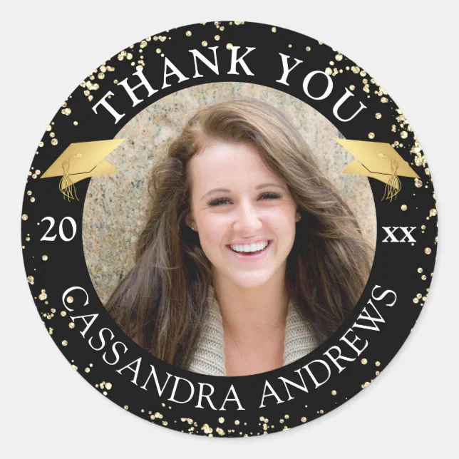 Graduation Photo Black Gold Glitter Thank You Classic Round Sticker
