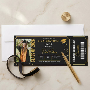 Graduation Photo Black Gold Party Announcement  Raffle Tickets