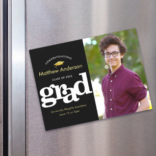 Graduation Photo Black Gold Typography Bold Modern Magnetic Invitation