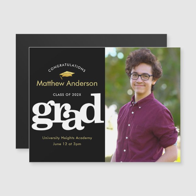 Graduation Photo Black Gold Typography Bold Modern Magnetic Invitation (Front/Back)