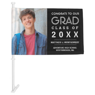 Graduation Photo Black with White Typography Car Flag