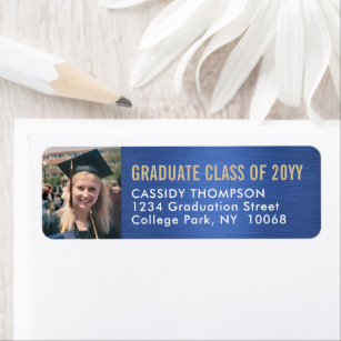 Graduation Photo Blue Gold & White Return Address Label