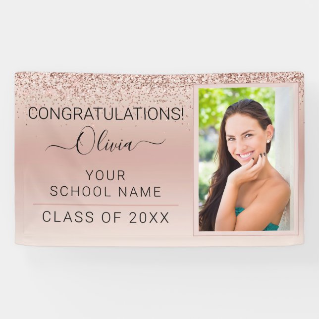 Graduation Photo Blush Pink Glitter Class of 2022 Banner (Horizontal)