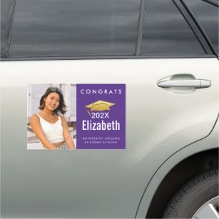 Graduation photo, bold modern gold cap on purple car magnet