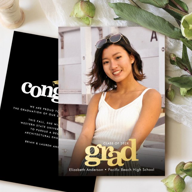 Graduation photo bold modern typography real gold  foil invitation (Creator Uploaded)