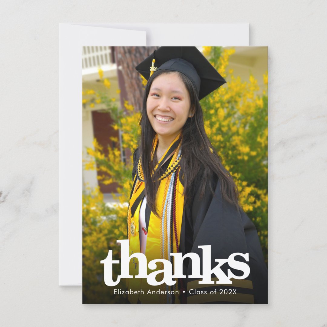 Graduation photo, bold simple modern typography thank you card | Zazzle