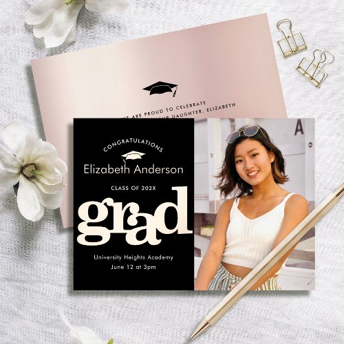Graduation photo bold type black real rose gold foil invitation