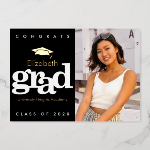 Graduation photo bold typography black real gold foil invitation