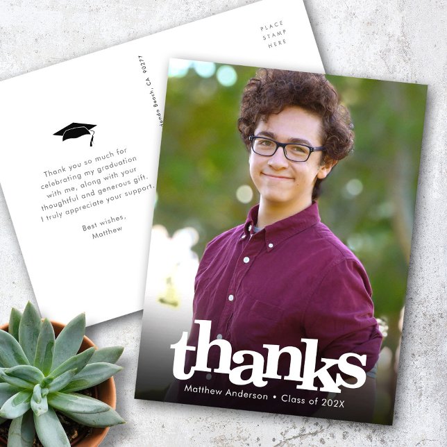 Graduation photo bold white typography thank you postcard (Creator Uploaded)