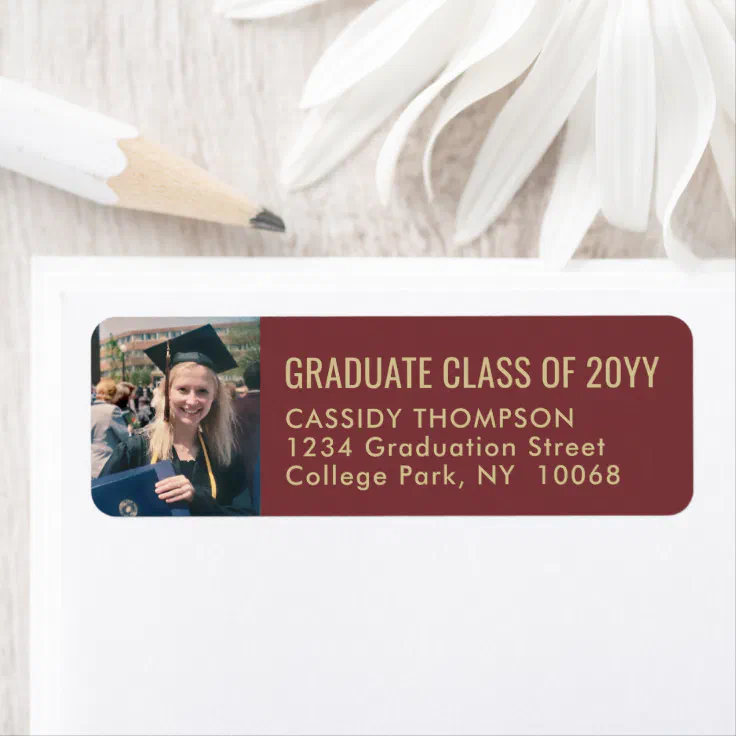 Graduation Photo Burgundy and Gold Return Address Label | Zazzle
