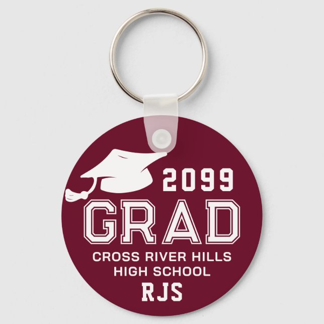 Graduation Photo Burgundy GRAD Cap Year Monogram Keychain (Front)