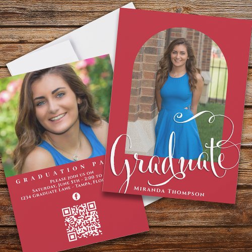 Graduation Photo Calligraphy Script Cardinal Red Invitation