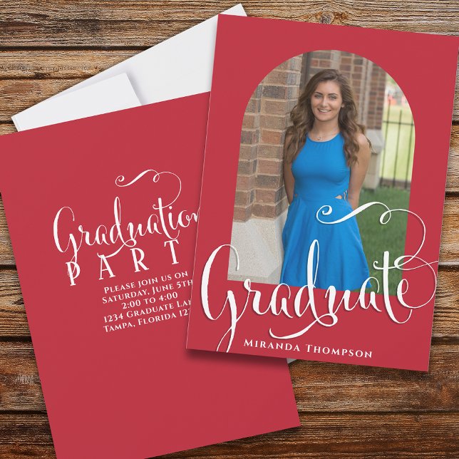 Graduation Photo Calligraphy Script Cardinal Red Invitation (Creator Uploaded)
