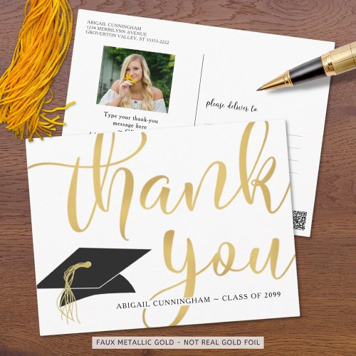 Graduation Photo Calligraphy Script Gold Thank You Postcard
