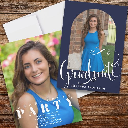 Graduation Photo Calligraphy Script Navy Blue Invitation