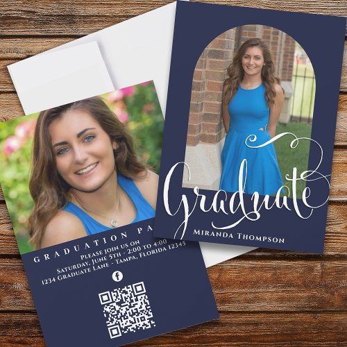 Graduation Photo Calligraphy Script Navy Blue Invitation