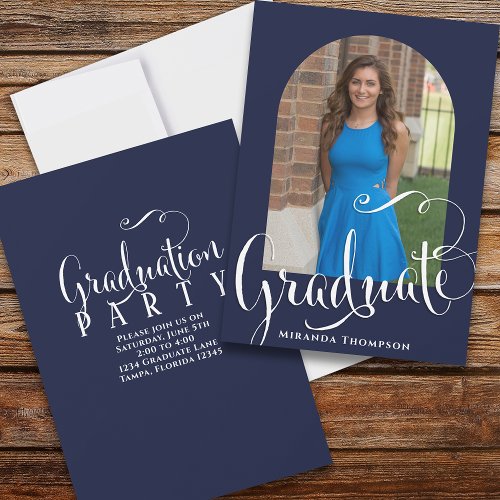 Graduation Photo Calligraphy Script Navy Blue  Invitation