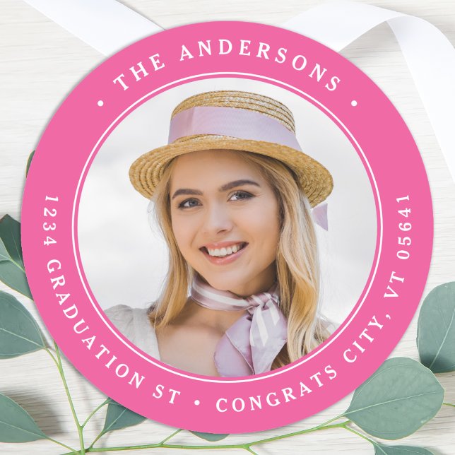 Graduation Photo Chic Pink Round Return Address Classic Round Sticker (Creator Uploaded)