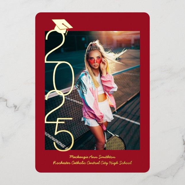 Graduation Photo Chic Script Red Gold Announcement (Front)
