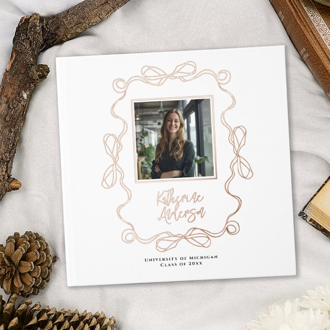 Graduation Photo Chic Wavy Border Bows Foil Guest Book (Creator Uploaded)