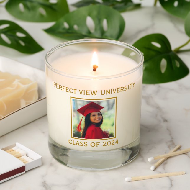 Graduation Photo Class of 2024 Modern Gold Script Scented Candle (Lit)