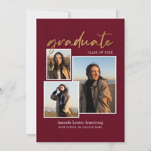 Graduation Photo Collage 2022 Burgundy Marble Announcement