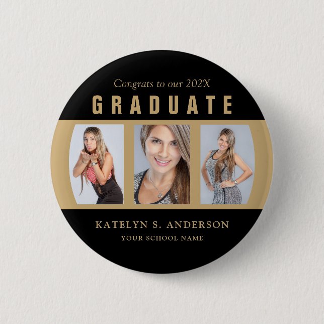 Graduation Photo Collage Black and Gold Custom Button (Front)