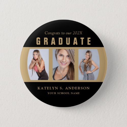 Graduation Photo Collage Black and Gold Custom Button