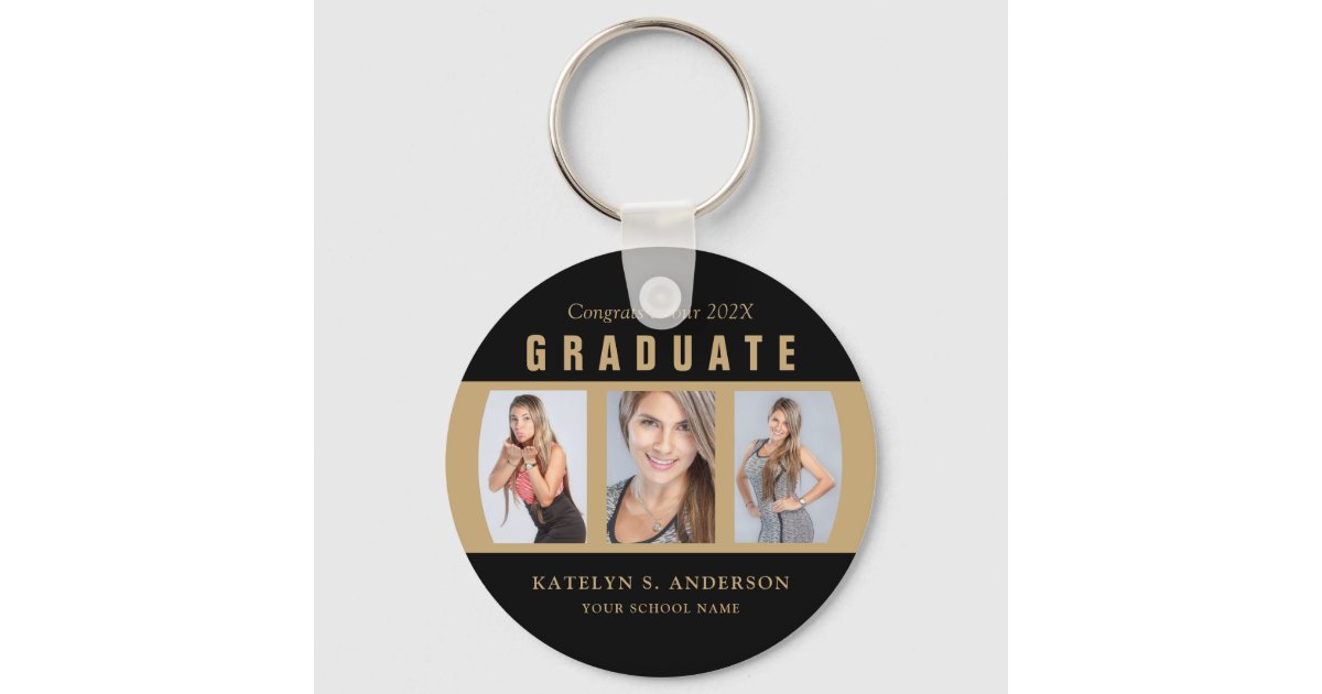 Graduation Photo Collage Black and Gold Custom Keychain | Zazzle