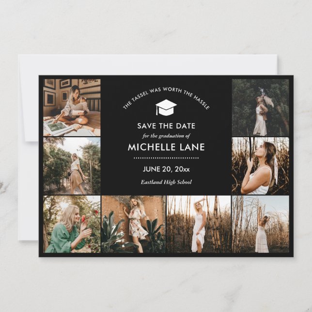 Graduation Photo Collage Black Save The Date Thank You Card (Front)