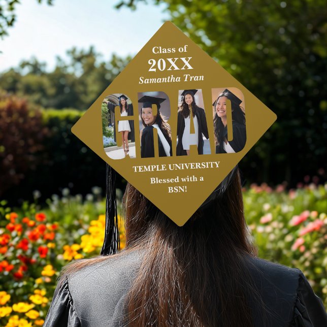Graduation Photo Collage Blessed Tan Trendy Modern Cap Topper (Creator Uploaded)